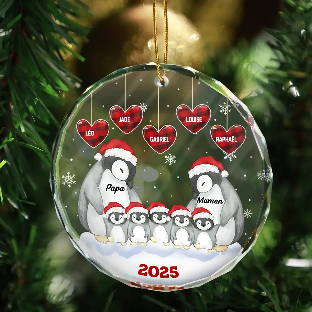 Famille de pingouins Décoration personnalisée en verre en forme de cercle