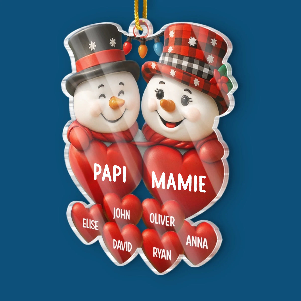 Bonhommes de neige avec des cœurs Pendentifs de Noël avec nom Cadeau pour grand-père et grand-mère