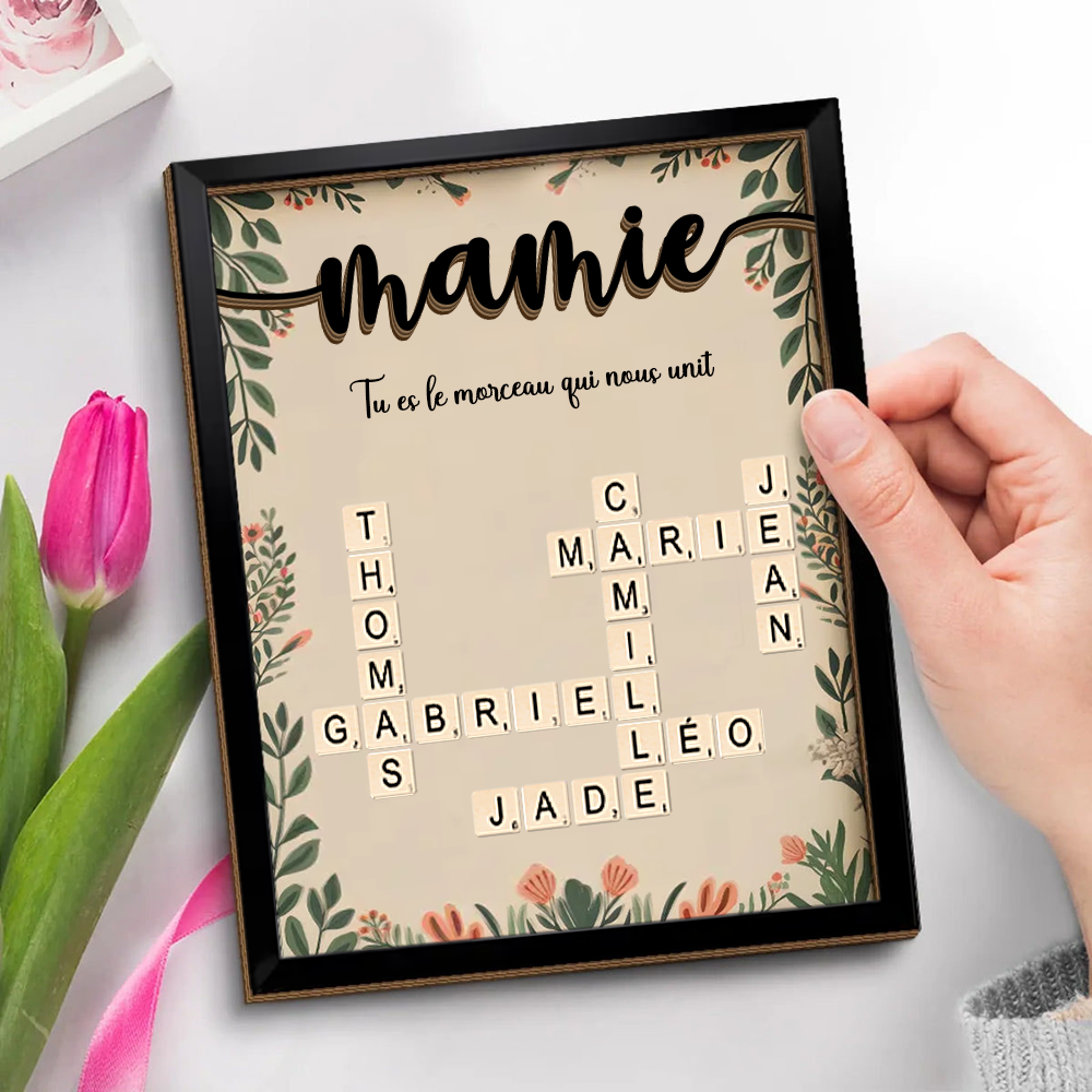 Plaque en bois personnalisée avec mots croisés – Cadeau pour Mamie et Papi