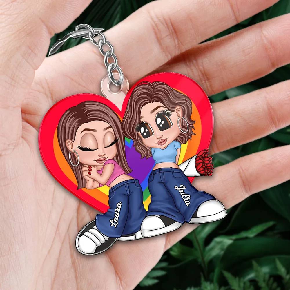 Porte-clés acrylique personnalisé cœur arc-en-ciel – Cadeau pour couple LGBT