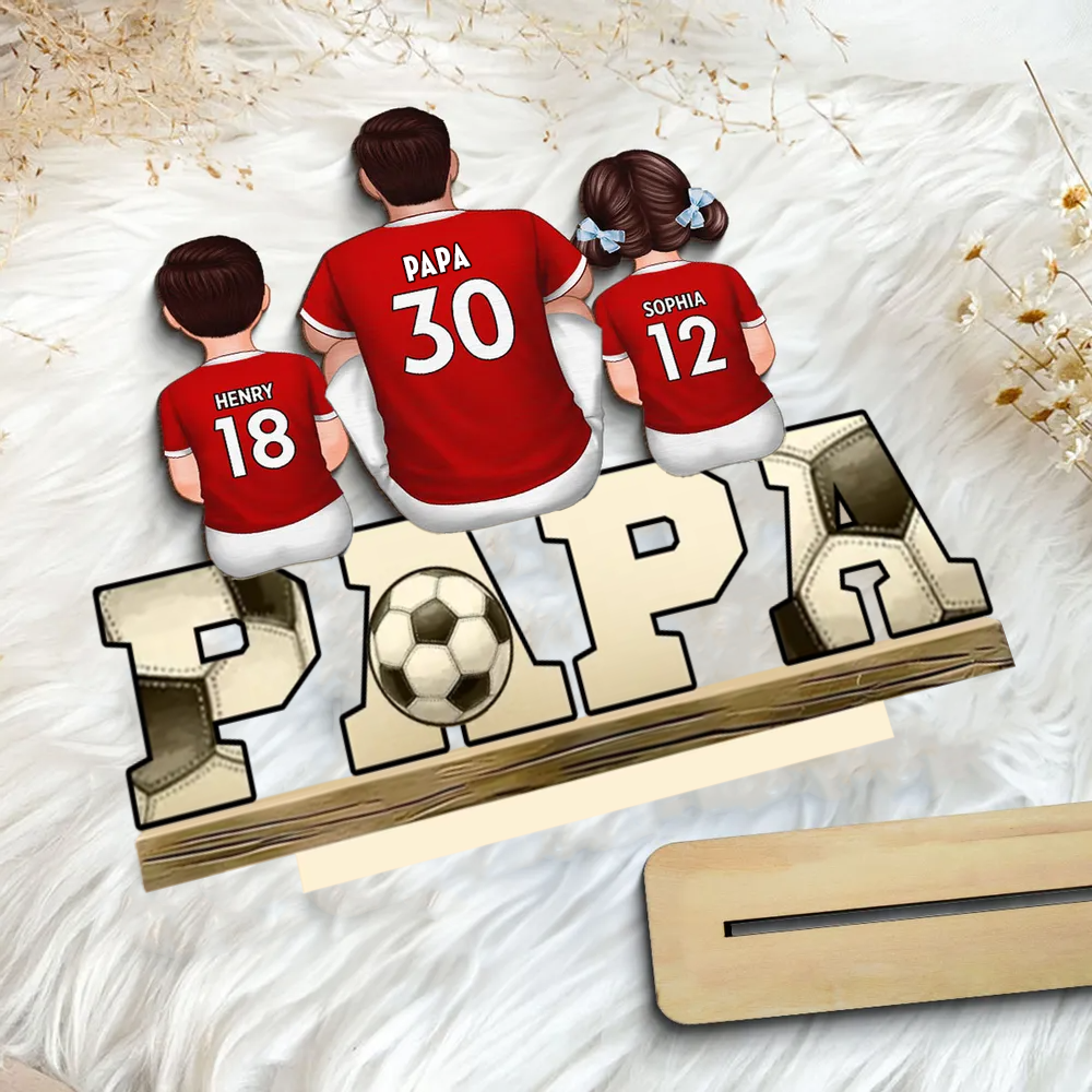 Plaque en bois « PAPA » avec football et 1 à 4 enfants personnalisés – Cadeau pour papa