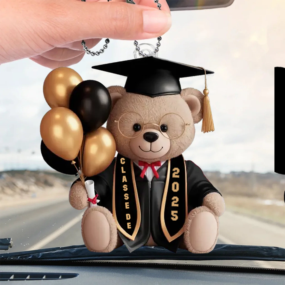 Pendentif de rétroviseur personnalisé pour la remise de diplôme – Ours avec prénom, année et choix de couleur