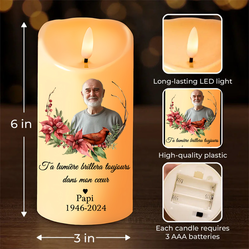 Bougie LED personnalisée avec photo, nom et date - Bougies commémoratives.