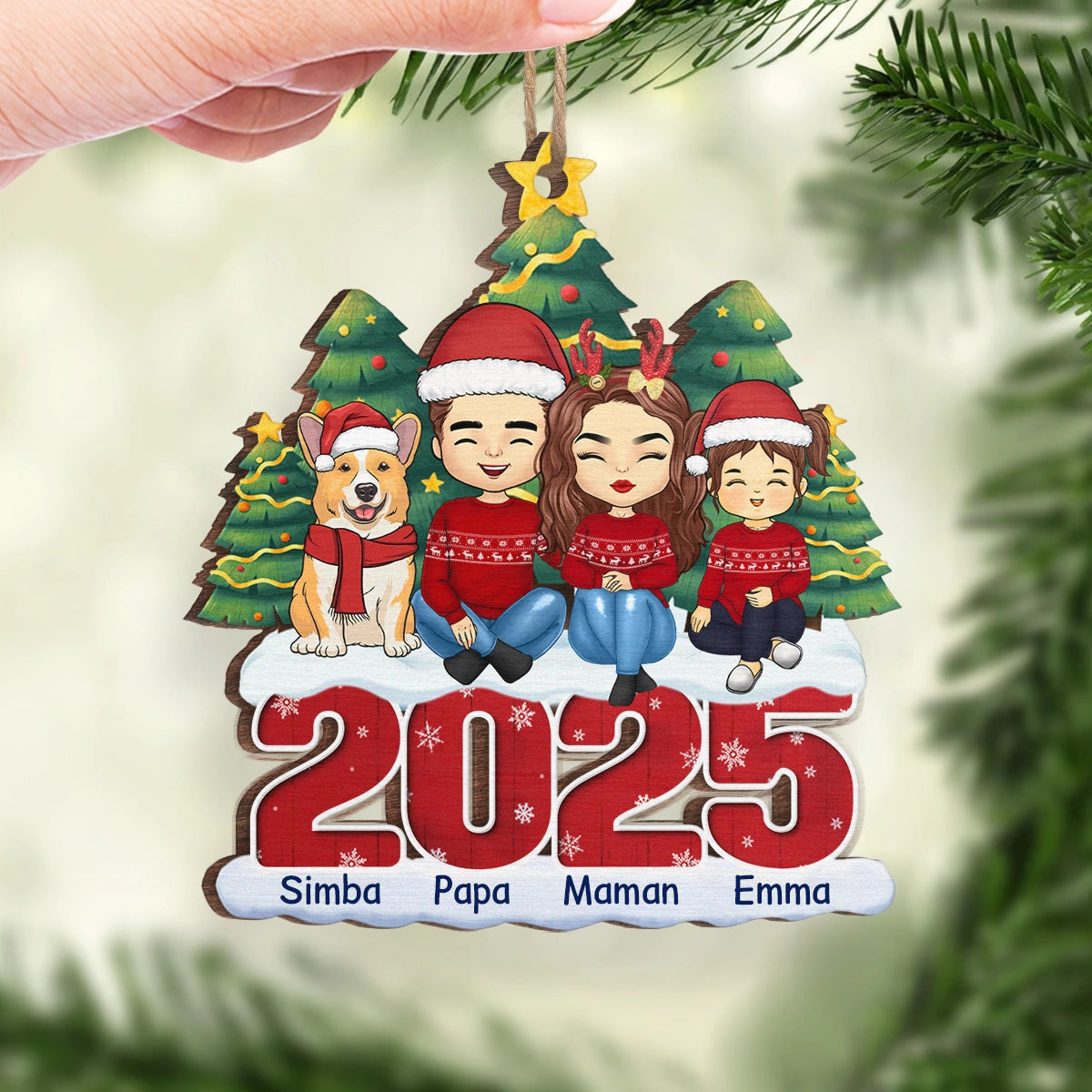 2025 Famille - Orement en bois personnalisé Décoration de Noël avec parents, enfants, chien et chat