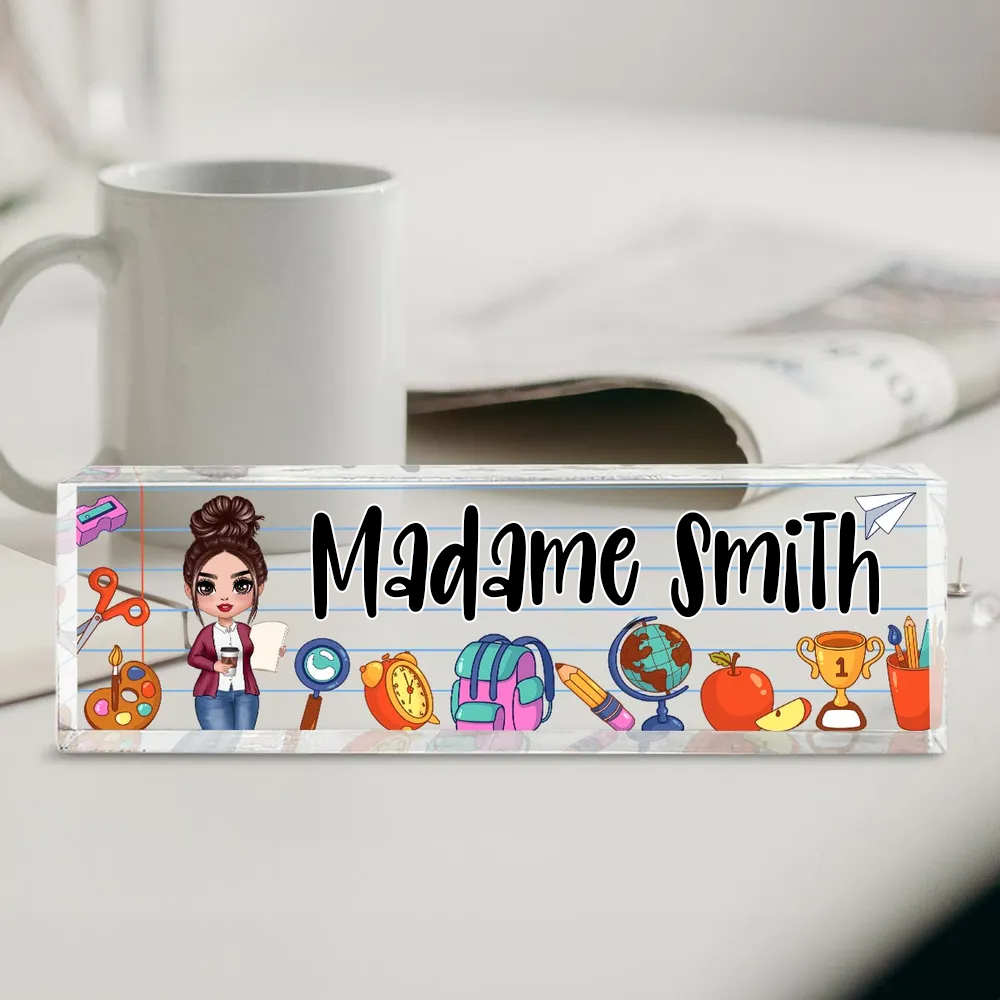 Plaque de bureau en acrylique personnalisée – Motifs scolaires pour enseignantes