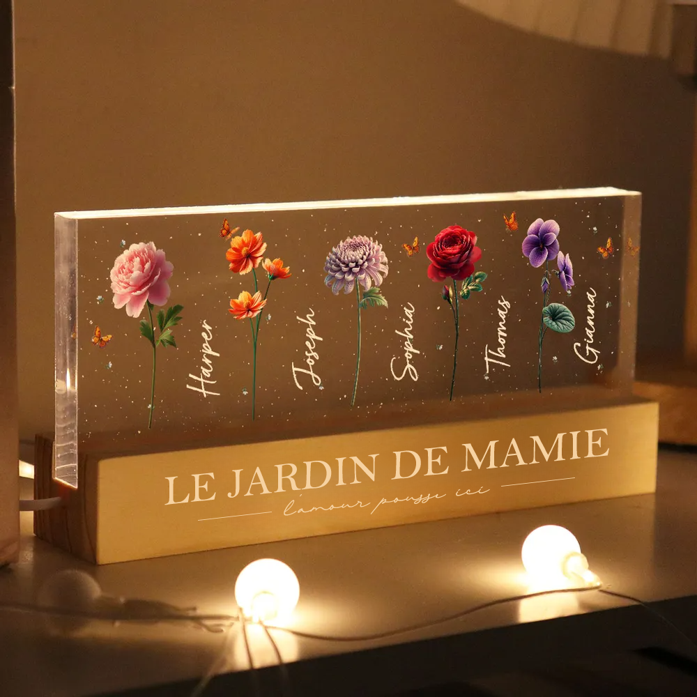 Veilleuse LED personnalisée avec fleurs de naissance – Cadeau pour mamie et maman