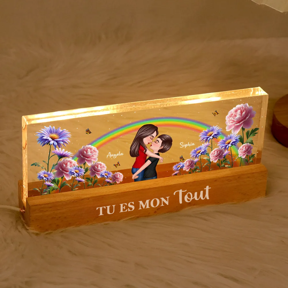Arc-en-ciel et fleurs de naissance – Veilleuse LED personnalisée, cadeau pour couple LGBT