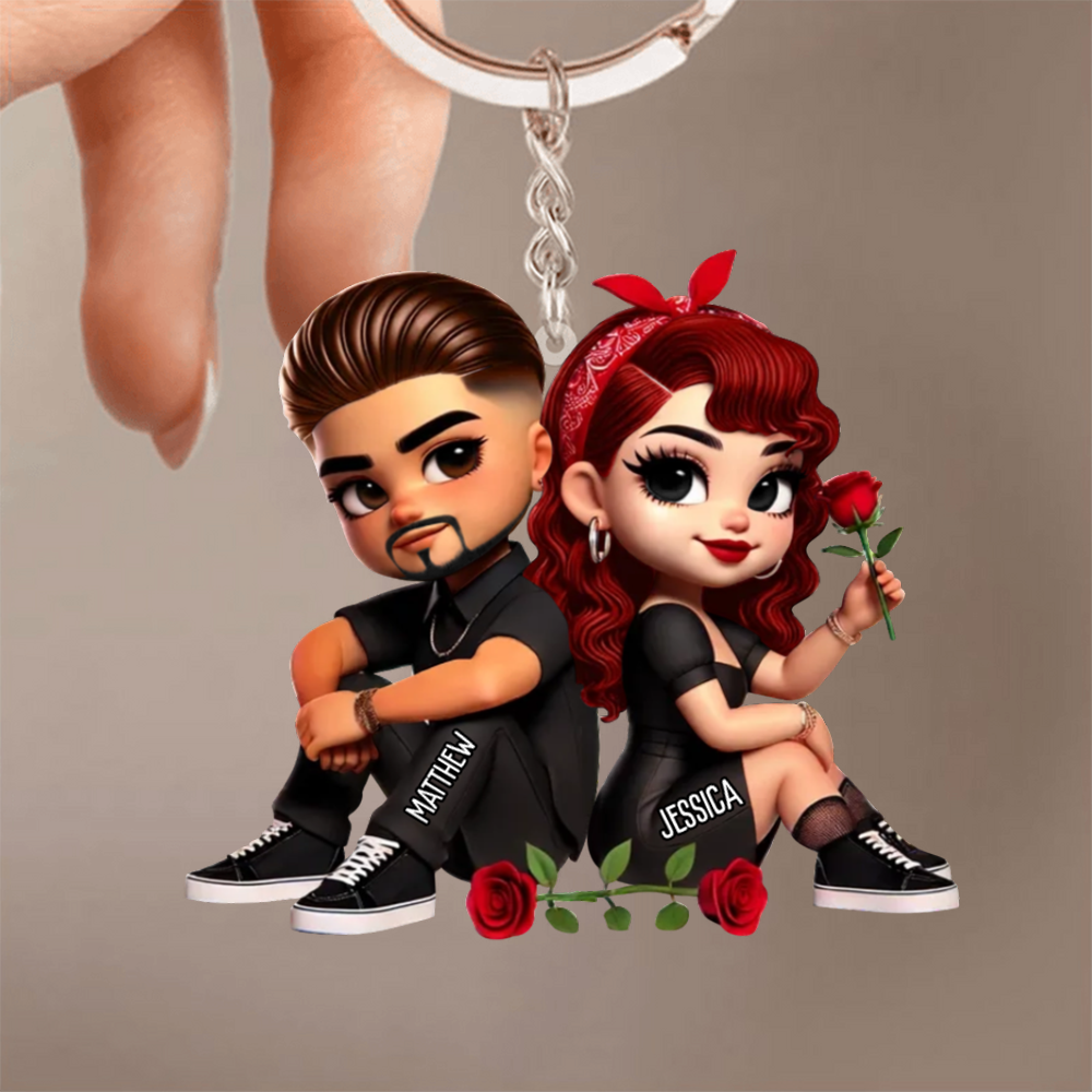Porte-clés en acrylique personnalisé « Couple avec roses », cadeau pour couple