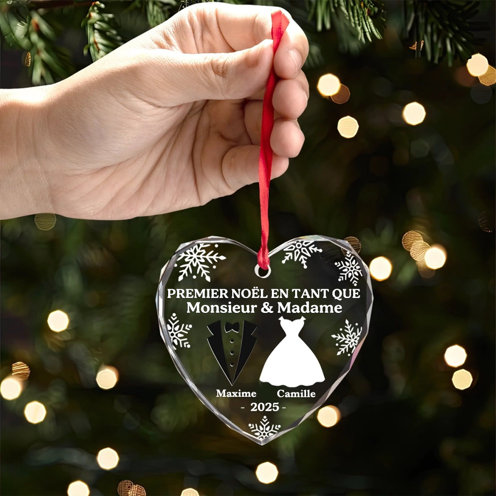 Premier Noël de jeunes mariés-Décoration en verre en forme de cœur personnalisée Orement de Noël