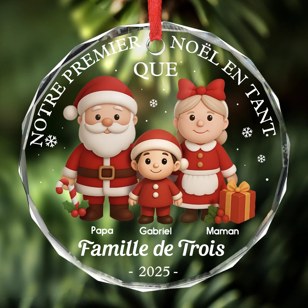 Décoration en verre personnalisée « Notre premier Noël en famille à trois » Décoration de Noël