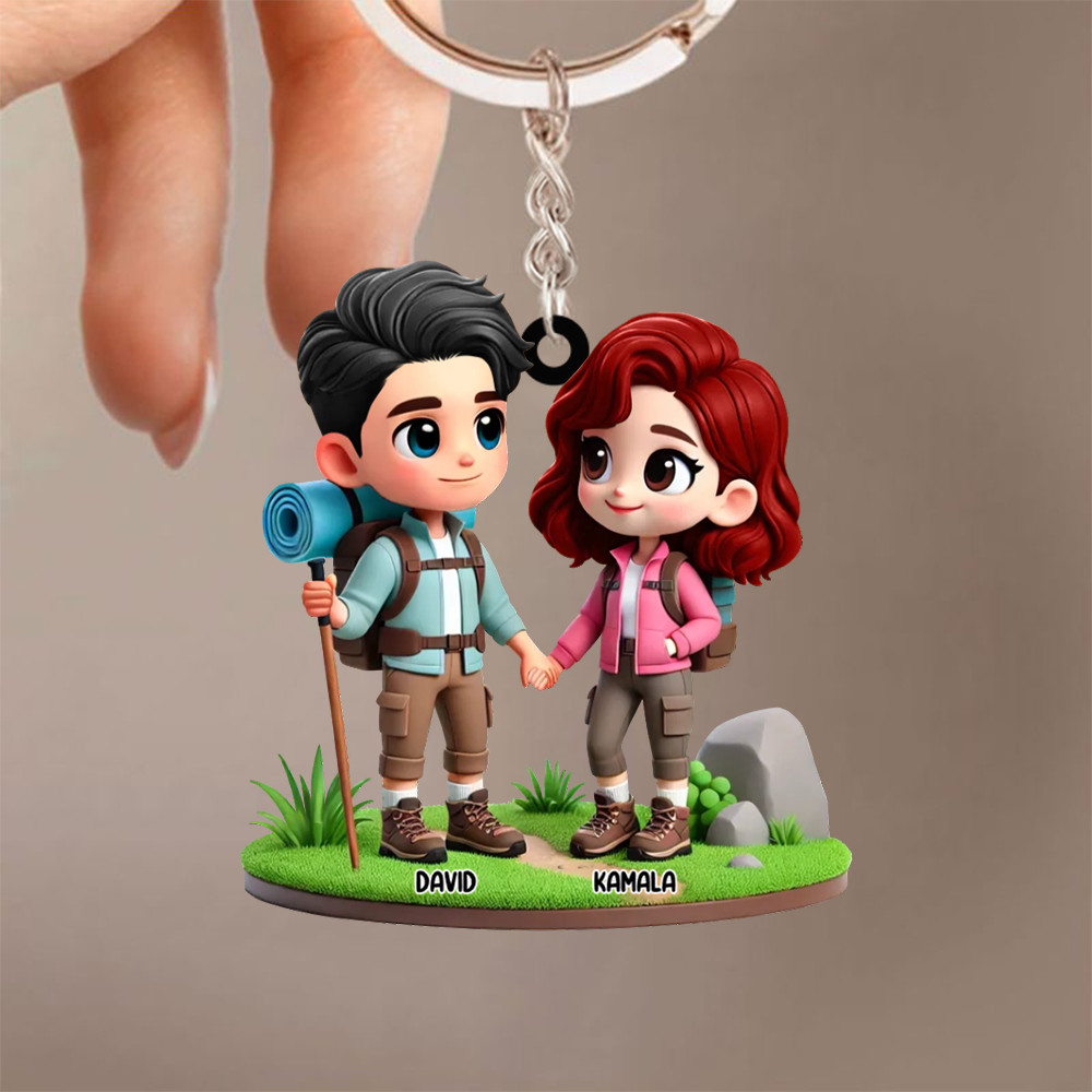 Porte-clés en acrylique « Couple camping » personnalisé avec noms, cadeau pour couple