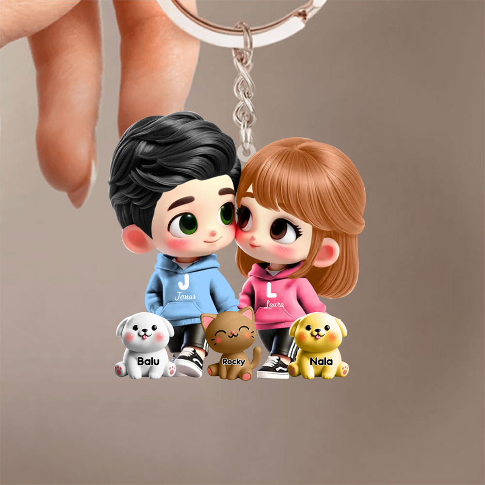 Porte-clés en acrylique personnalisé avec couple cartoon et animaux de compagnie – Cadeau pour couple