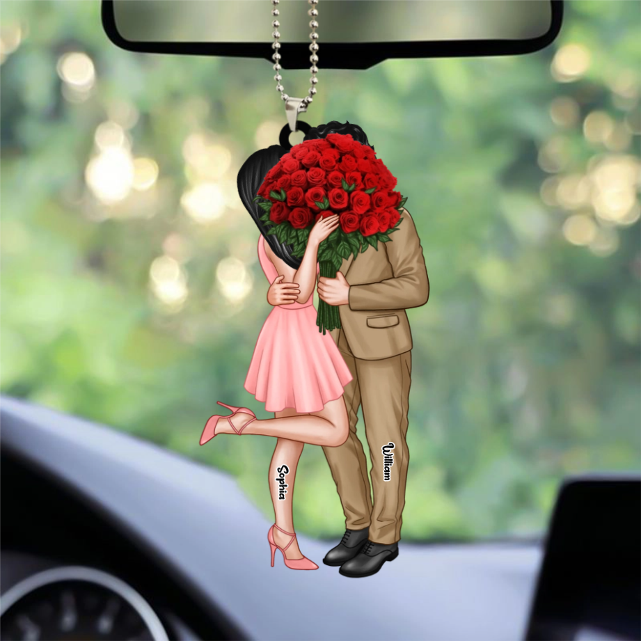 Couple avec bouquet de roses – Pendentif en acrylique personnalisé