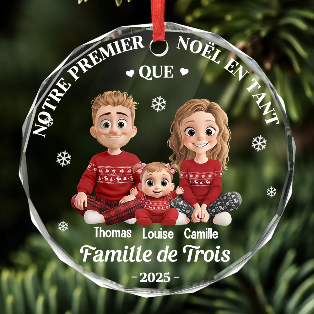 Décoration en verre personnalisée « Notre premier Noël en famille à trois » Ornement de Noël
