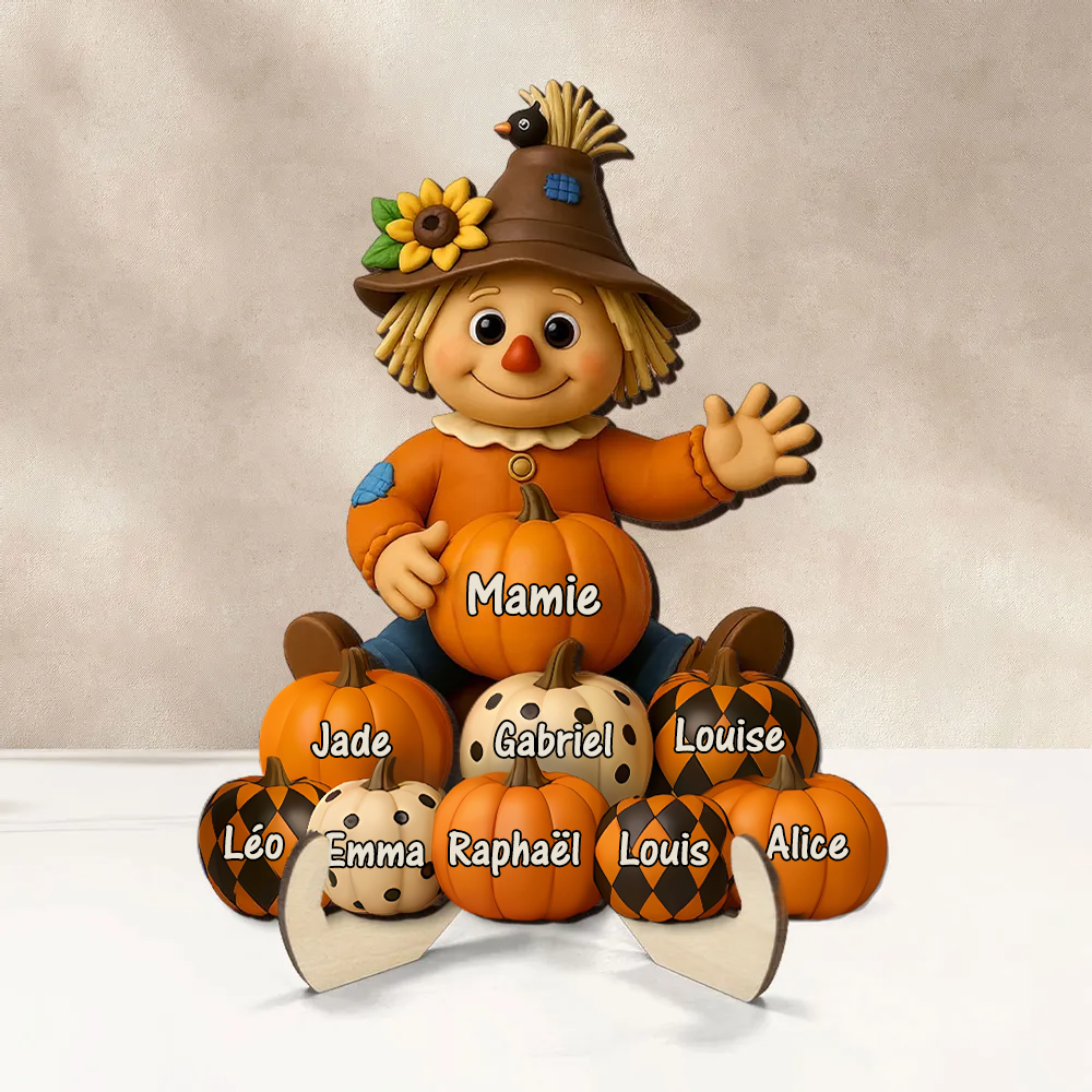 Plaque en bois personnalisée avec épouvantail et citrouilles – avec nom