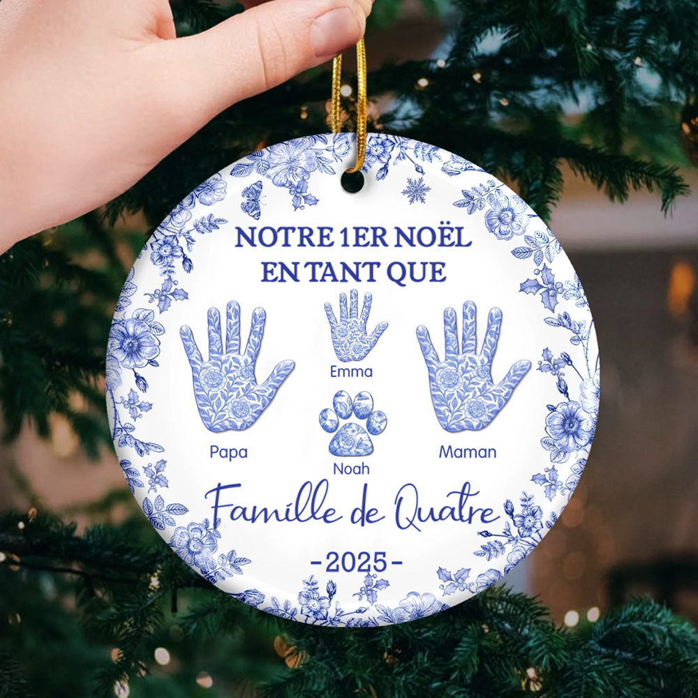 Notre premier Noël en famille... Décoration pour sapin de Noël avec empreinte de main et nom