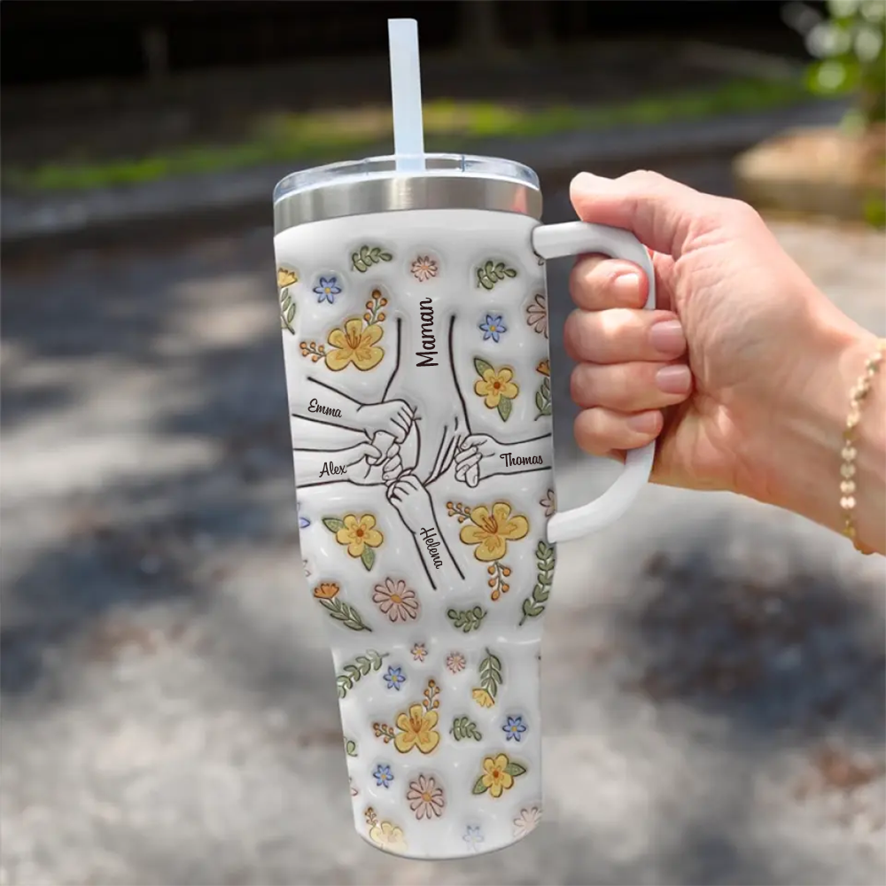Main dans la main – Gobelet isotherme personnalisé 40oz avec paille, cadeau pour maman, mamie – Tasse imprimée avec effet 3D gonflé