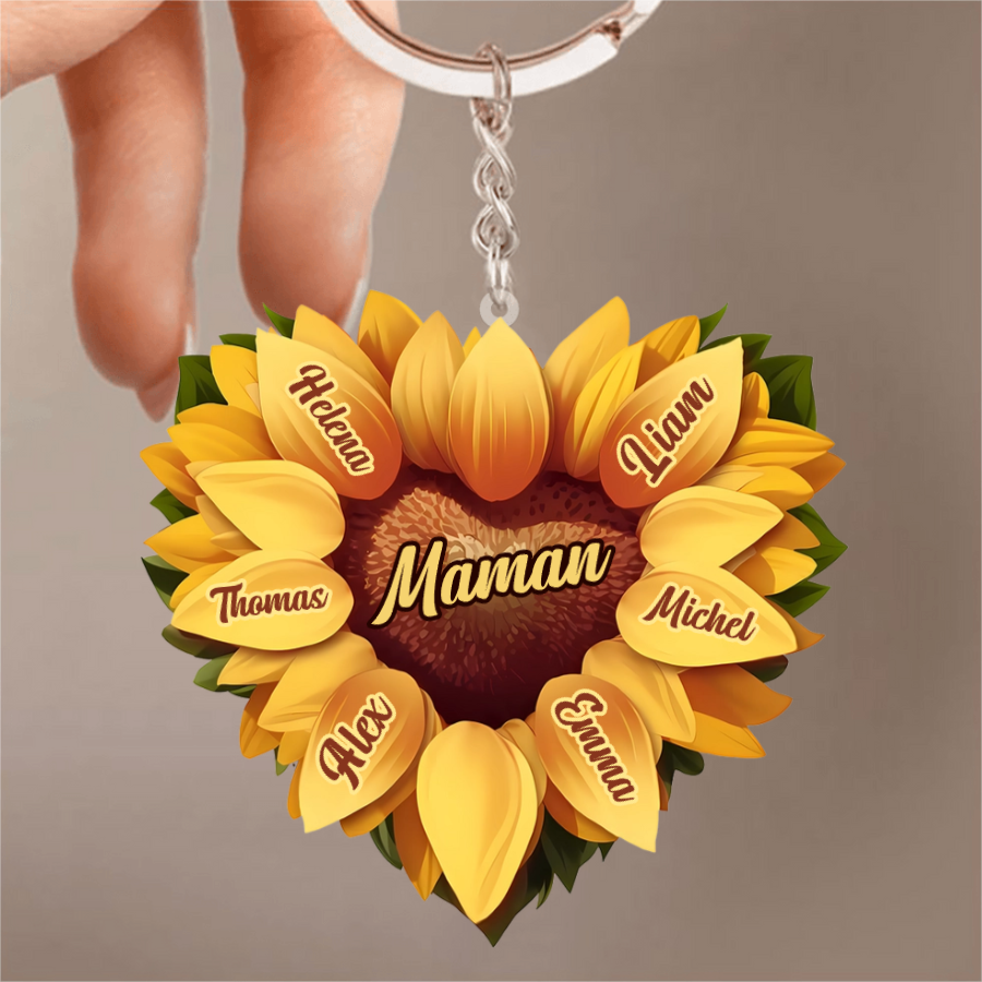 Tournesol en forme de cœur – Porte-clés en acrylique personnalisé pour maman et mamie