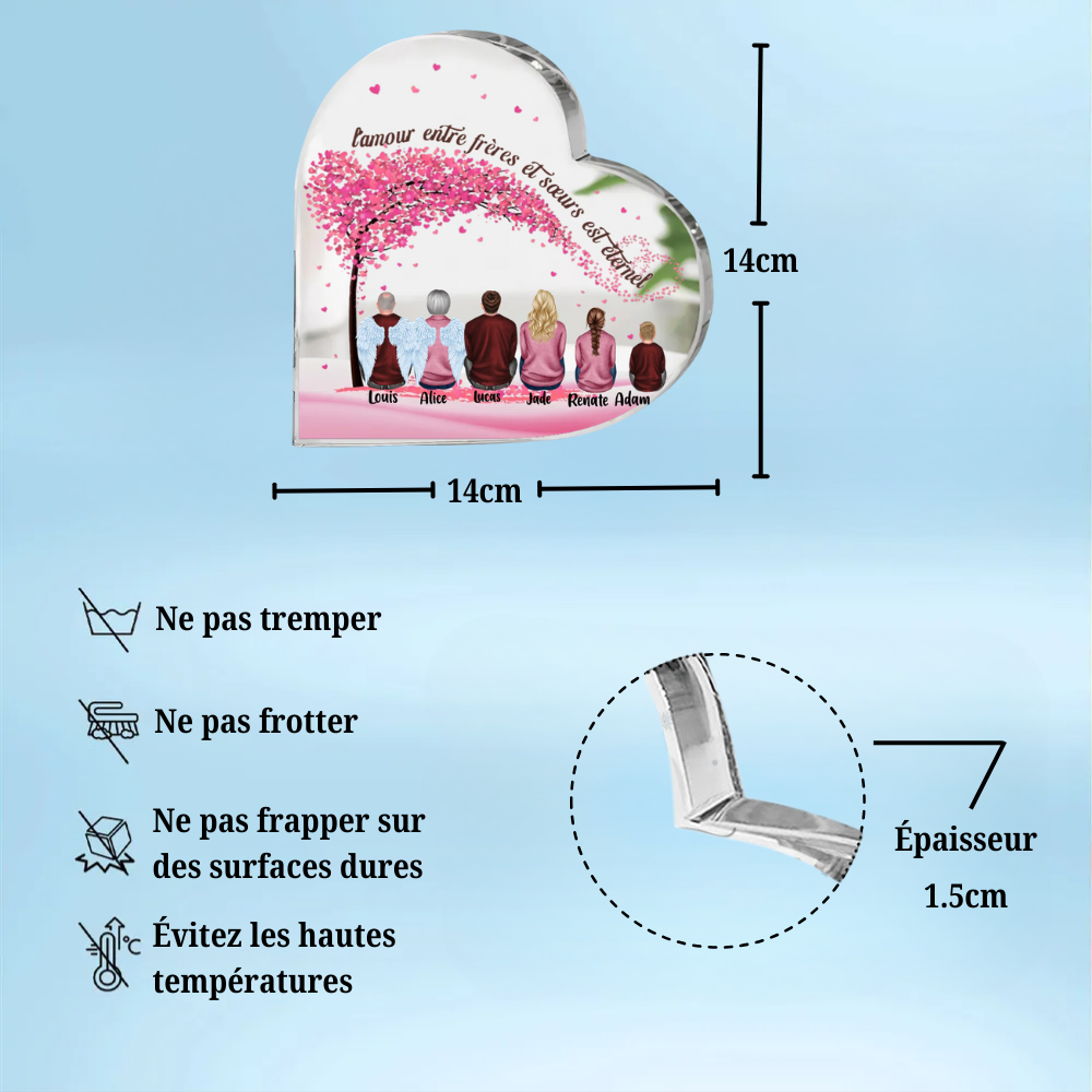 Cœur acrylique cerisier conçu 1-6 poupées avec des noms et des dictons cadeau de famille