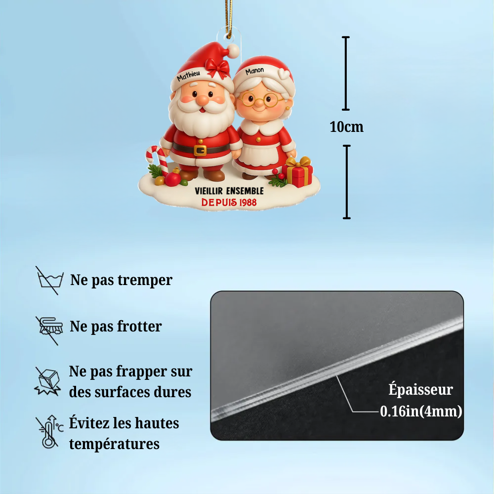 « Vieillir ensemble » – décoration de Noël personnalisée en acrylique avec couple de Pères Noël