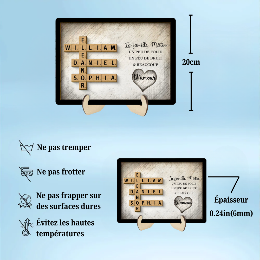 Plaque en bois personnalisée à 2 couches avec noms de famille en mots croisés