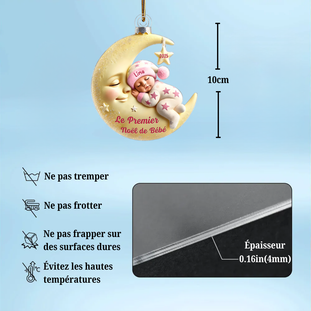 Premier Noël de bébé – Ornement acrylique personnalisé « Bébé sur lune »