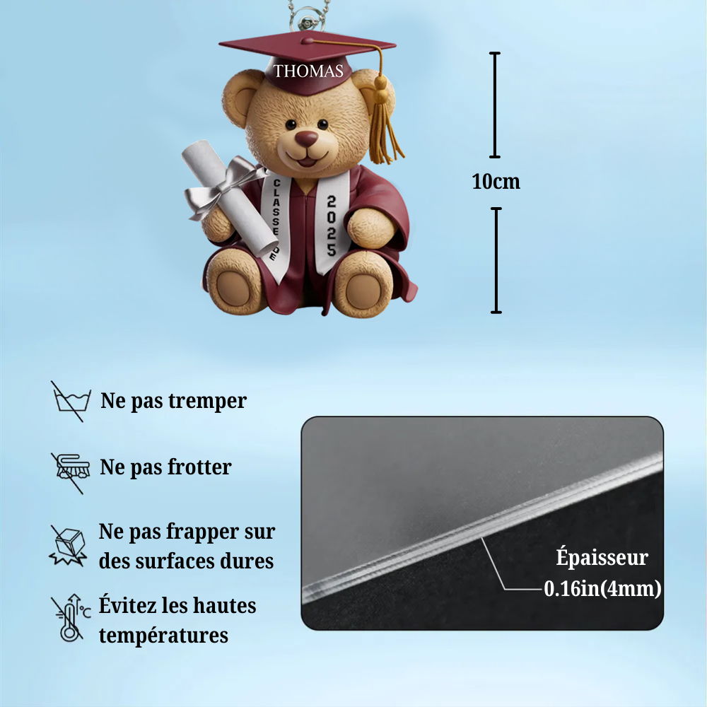 Pendentif de rétroviseur personnalisé pour la remise de diplôme – Ours avec prénom, année et choix de couleur