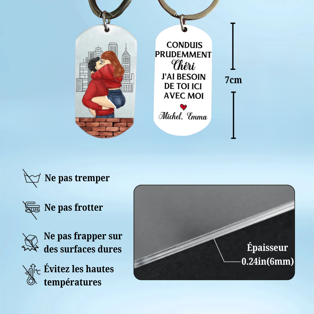 Porte-clés en Acier Inoxydable pour Couple – Porte-clés Personnalisé "Conduis Prudemment"