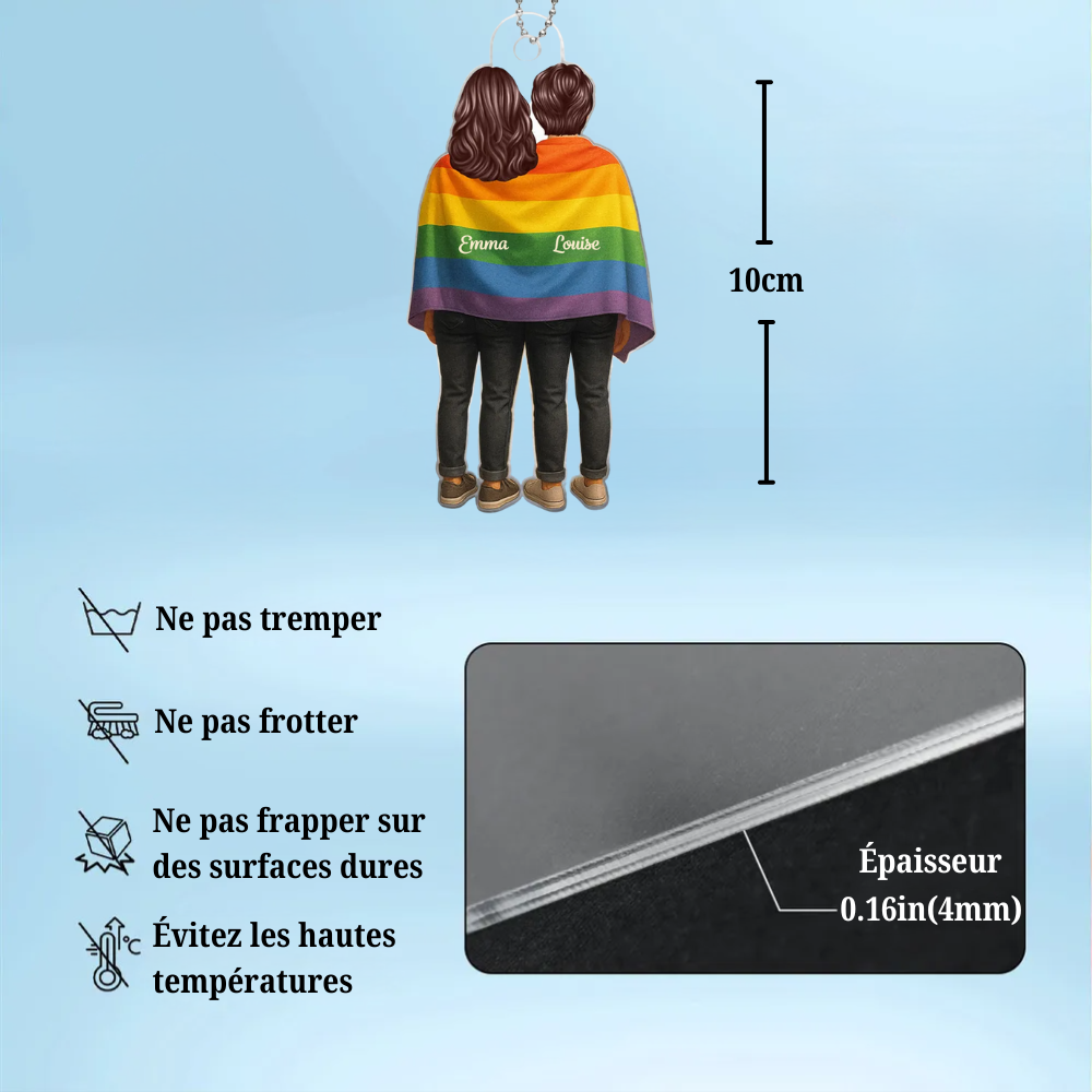 Pendentif en acrylique avec drapeau arc-en-ciel et nom – Cadeau pour couple LGBT