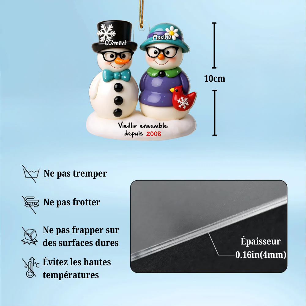 Couple de bonhommes de neige – Décoration de Noël personnalisée avec noms