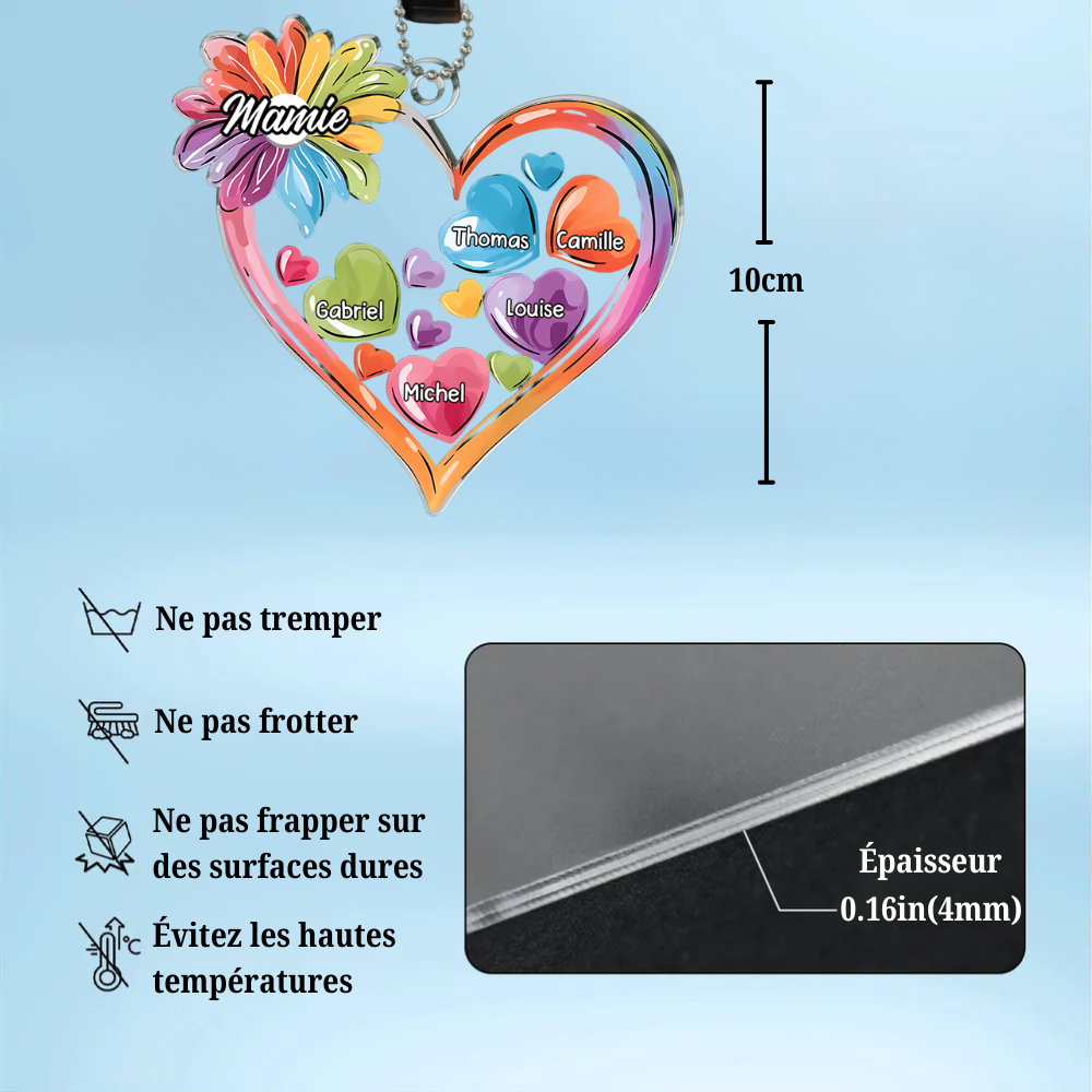 Porte-clés voiture personnalisé en acrylique avec cœurs colorés – Pour mamie et maman
