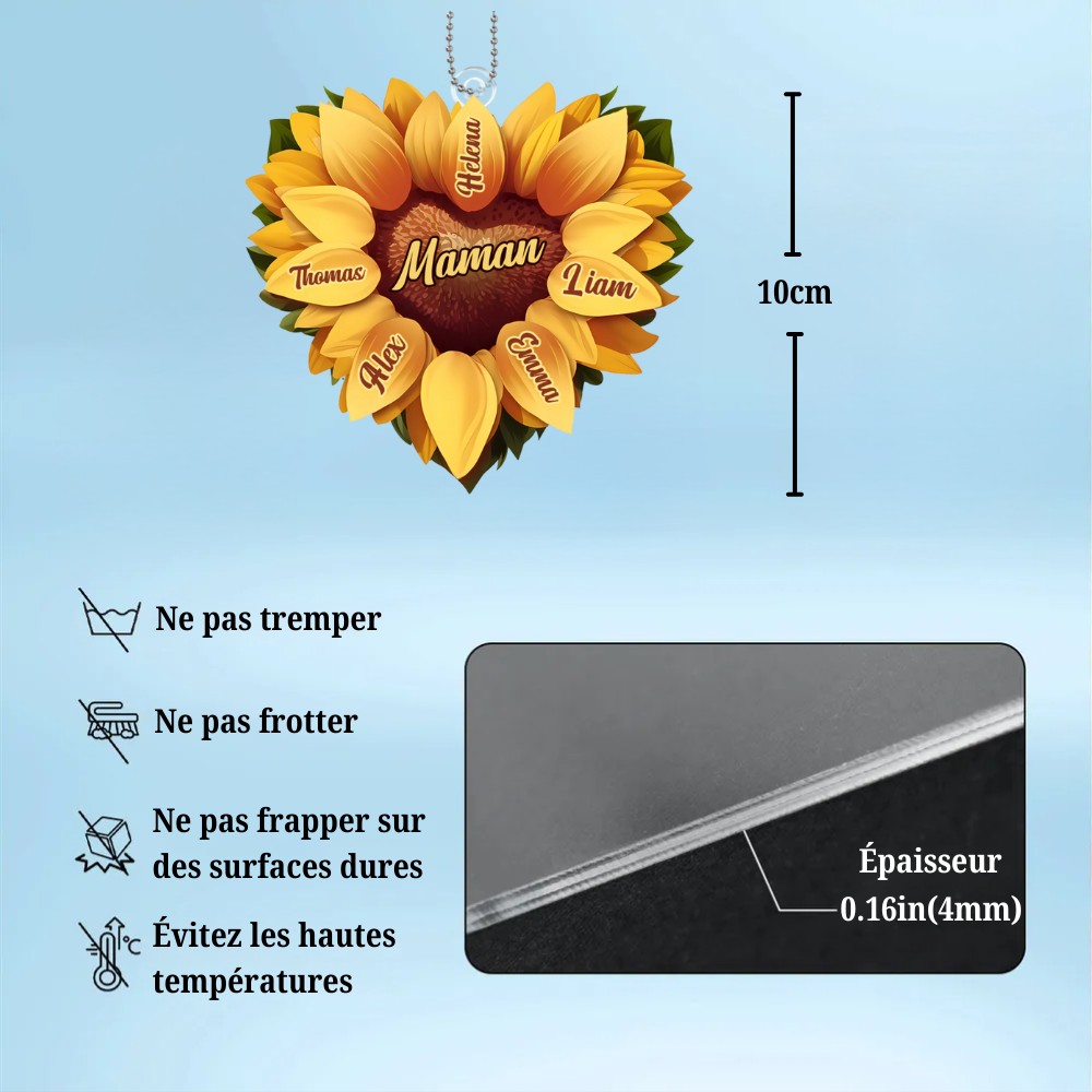 Pendentif personnalisé en forme de cœur avec tournesol et prénom
