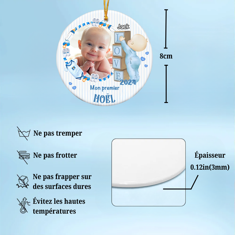 Ornement de Noël personnalisé en céramique pour bébé « Mon premier Noël »