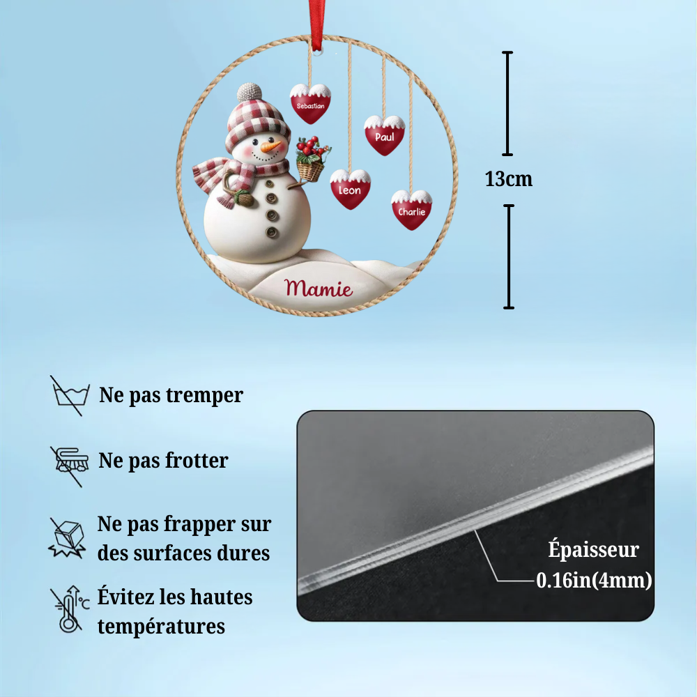 Ornement personnalisé sapin de Noël bonhomme de neige avec coeurs