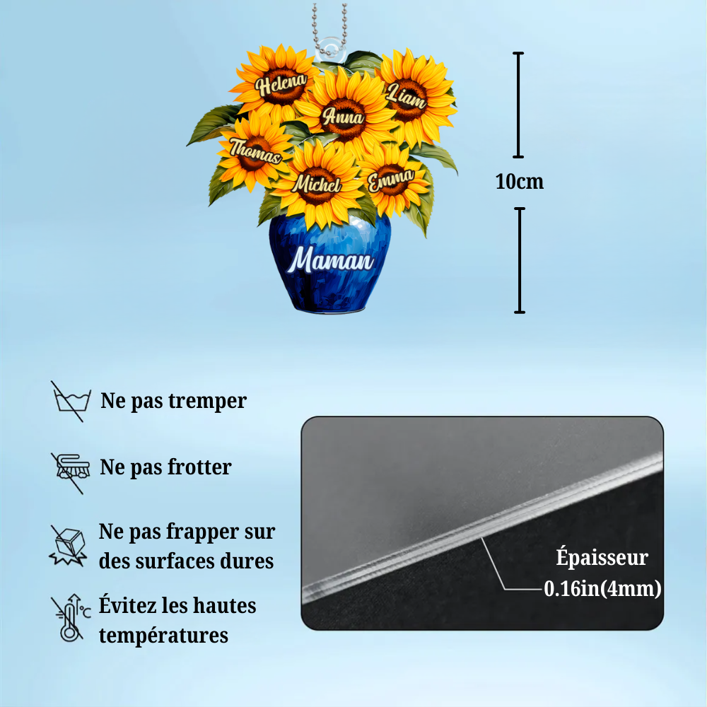 Pendentif personnalisé avec tournesols et vase pour maman et mamie