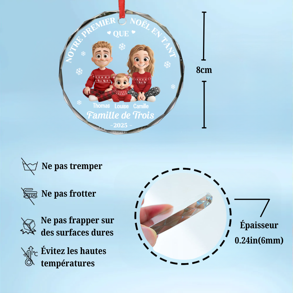 Décoration en verre personnalisée « Notre premier Noël en famille à trois » Ornement de Noël