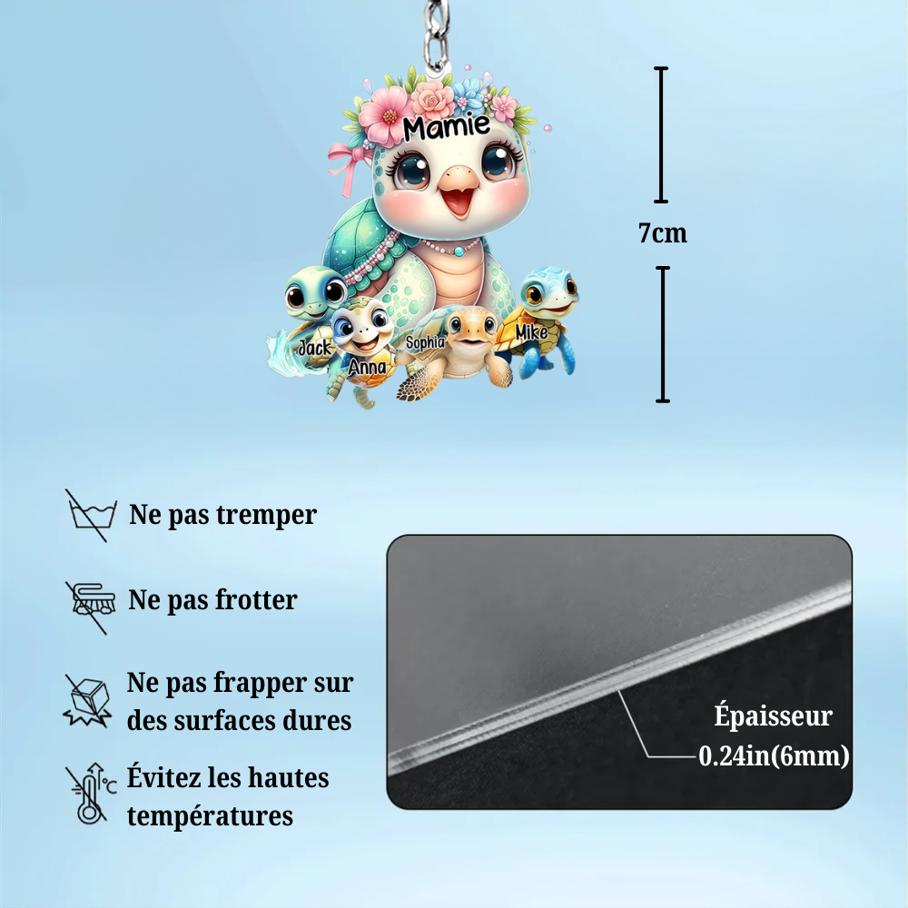 Adorable tortue - Porte-clés en acrylique personnalisé pour mamie et maman
