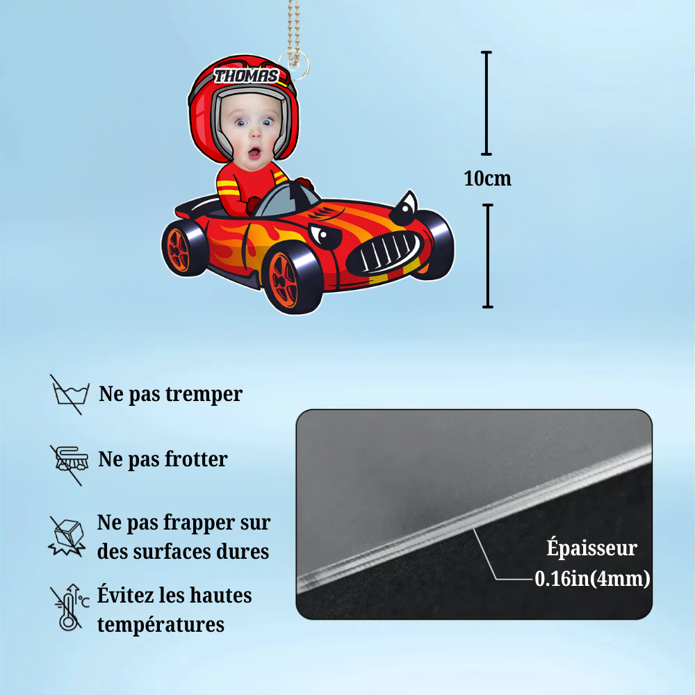 Pilote de course bébé – Ornement photo en acrylique