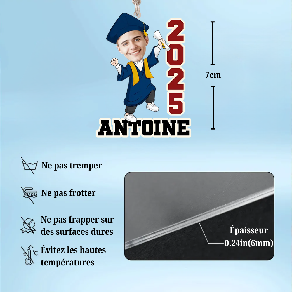 Porte-clés photo personnalisé avec année et prénom pour la remise des diplômes