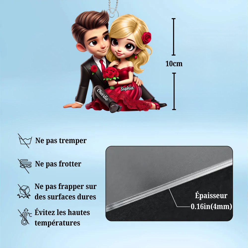 Couple avec bouquet de roses – Pendentif en acrylique personnalisé, cadeau pour couple