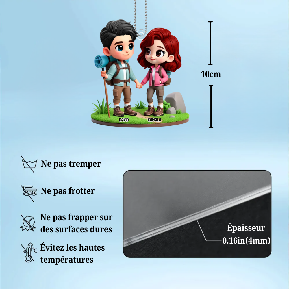 Pendentif en acrylique « Couple camping » personnalisé avec noms, cadeau pour couple