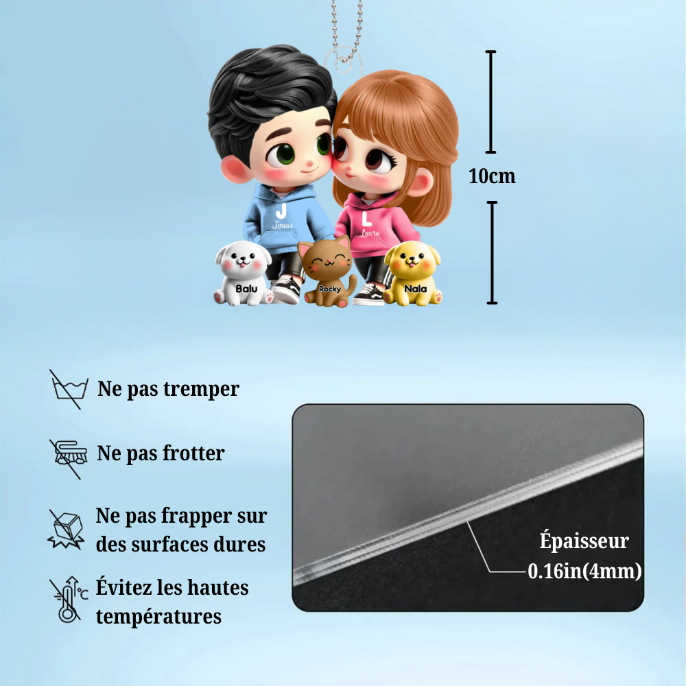 Pendentif de voiture personnalisé avec couple cartoon et animaux de compagnie – Cadeau pour couple