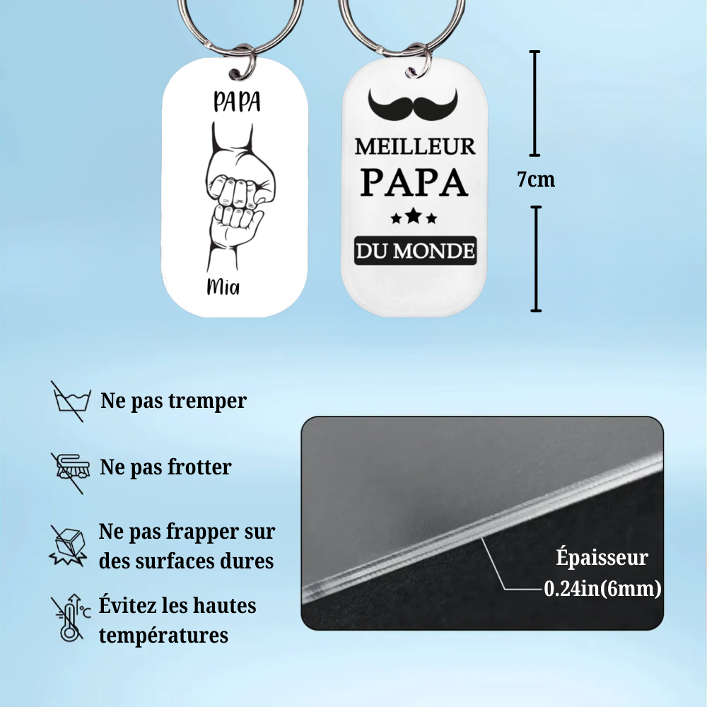 Porte-clés en acrylique "Poing de fer" Papa avec 2 à 4 prénoms - Cadeaux pour la fête des pères