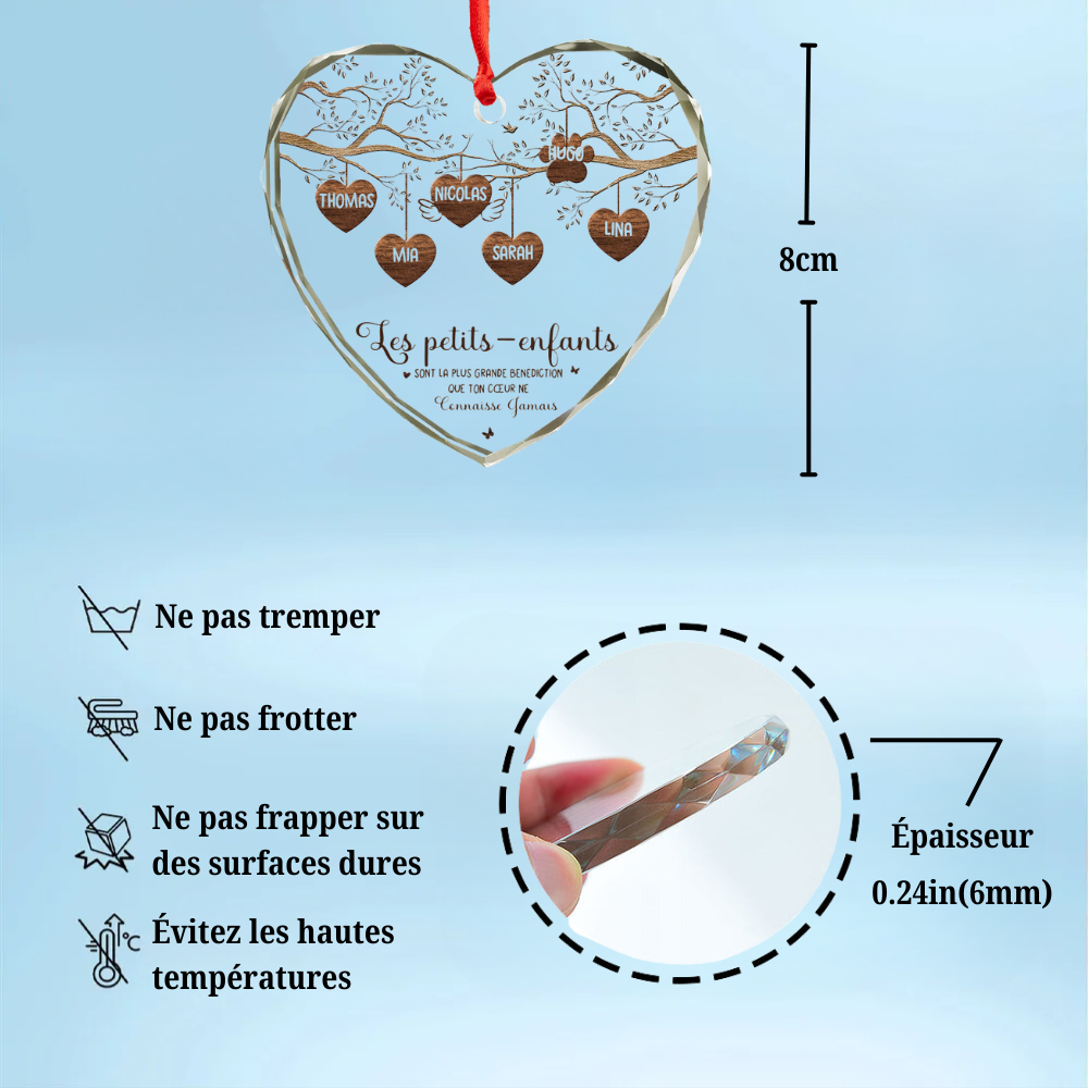 Arbre généalogique avec noms et texte Pendentif en verre personnalisé Ornement de Noël