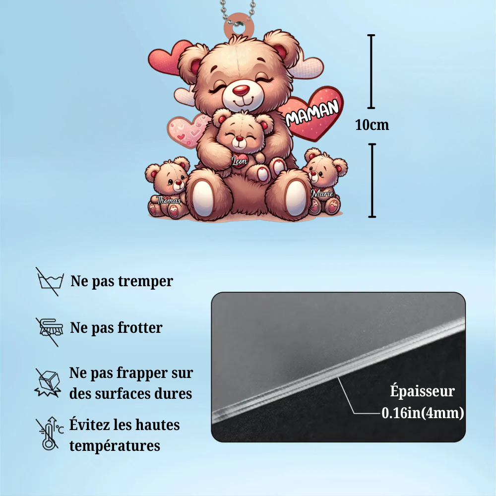 Pendentif de rétroviseur personnalisé avec ours – Cadeau pour maman et mamie