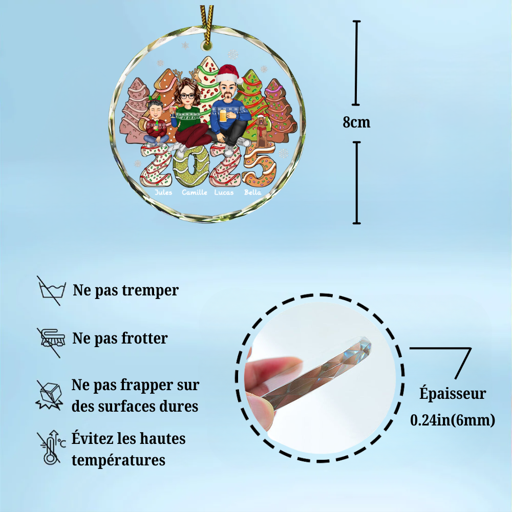 2025 Famille Gâteau & Arbres à biscuits Décoration de Noël personnalisée en verre pour sapin de Noël avec parents, enfants et animaux domestiques