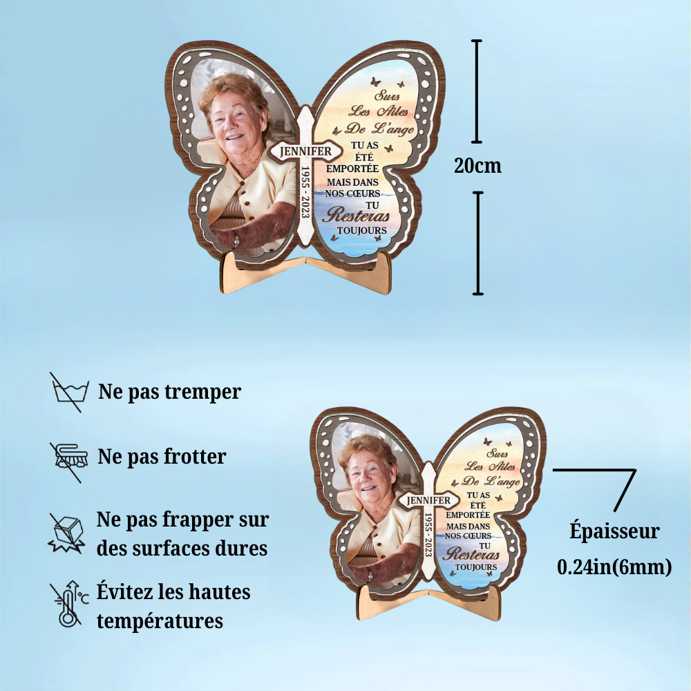 Croix et papillon - Plaque en bois commémorative personnalisée à 2 couches avec support