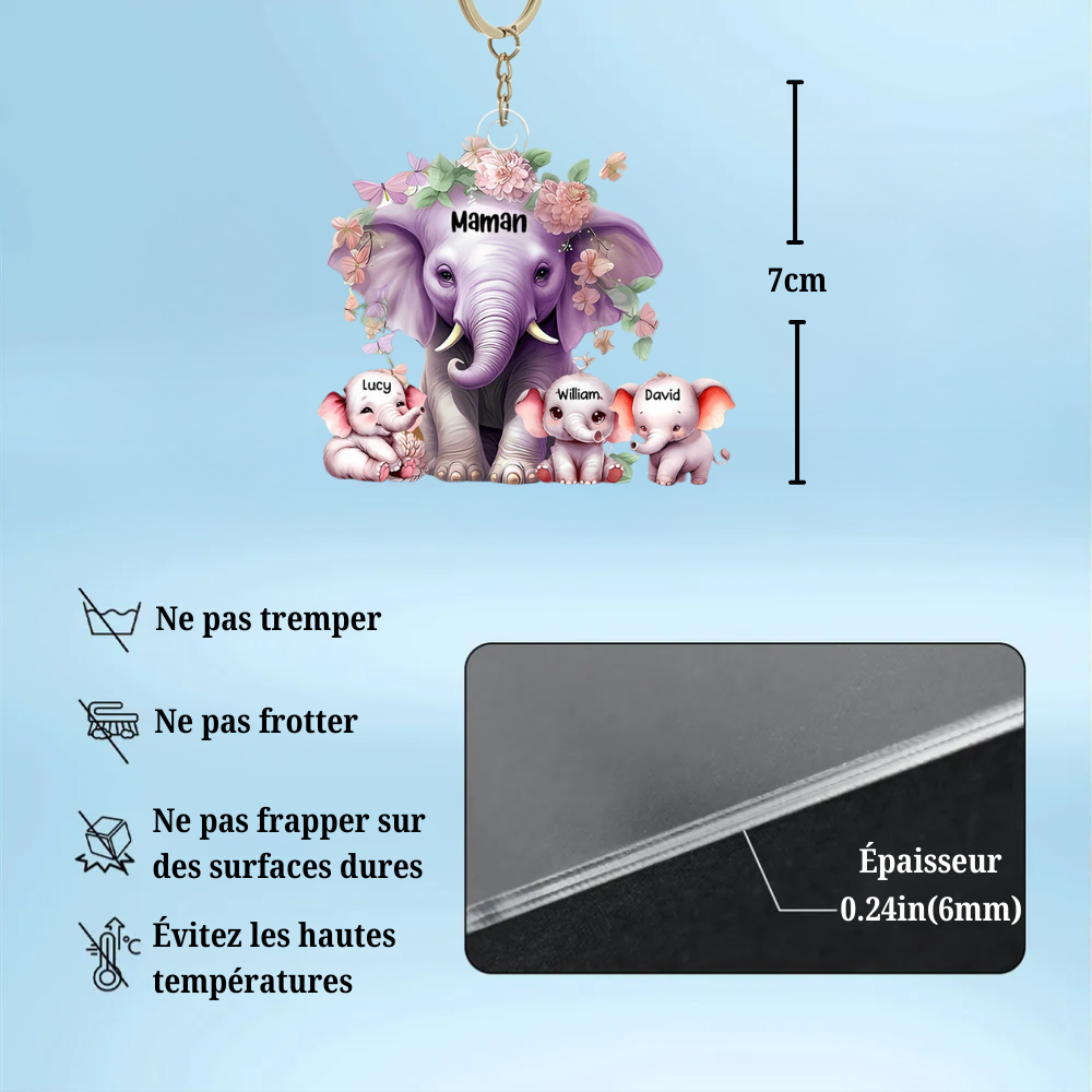 Porte-clés personnalisé en acrylique avec maman éléphant et bébés éléphants