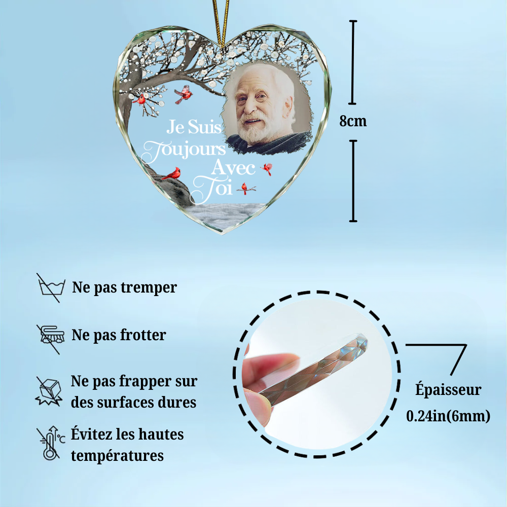 Ornement en verre personnalisé en forme de cœur avec photo