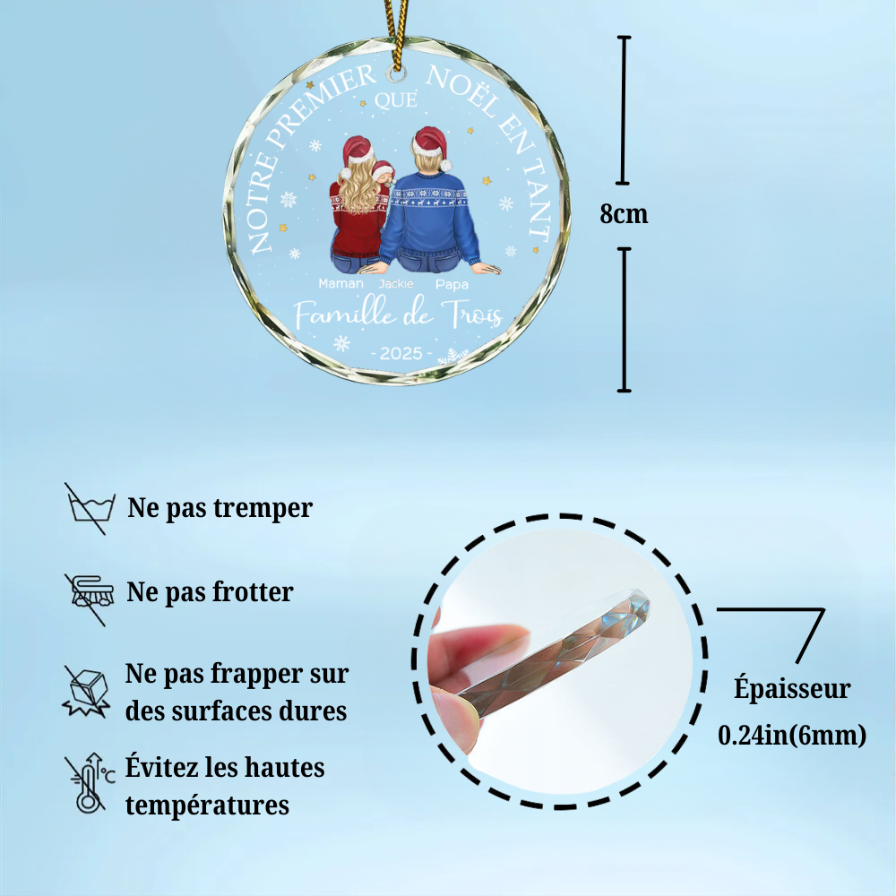 Notre premier Noël en famille... Orement de Noël personnalisée en verre avec bébé, chien et chat